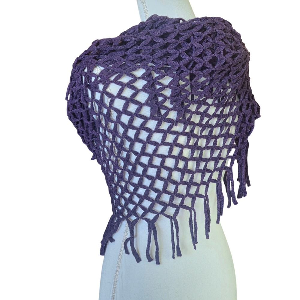 Steve Madden Witchy Whimsical Goth Purple Open Knit Crochet Fringe Shawl Scarf - Picture 8 of 11